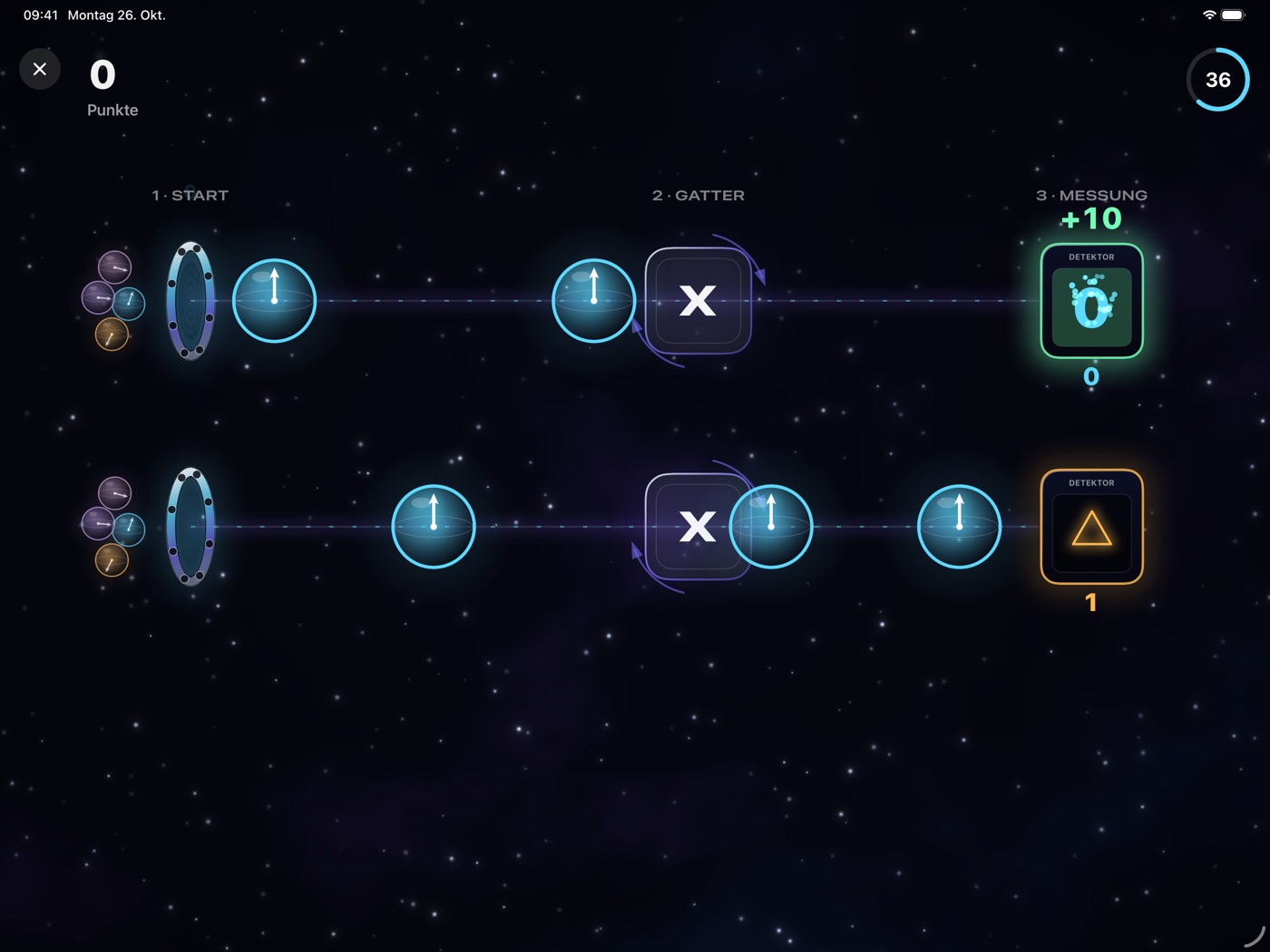 Das Spiel „Sortierer“ auf dem iPad: Qubits laufen durch das Gatter X zu den Detektoren